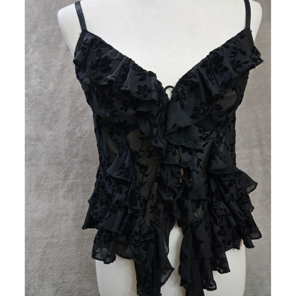 Sheer Camisole Top Womens 2X Black Floral Velvet Burnout Tiered Ruffle Y2K